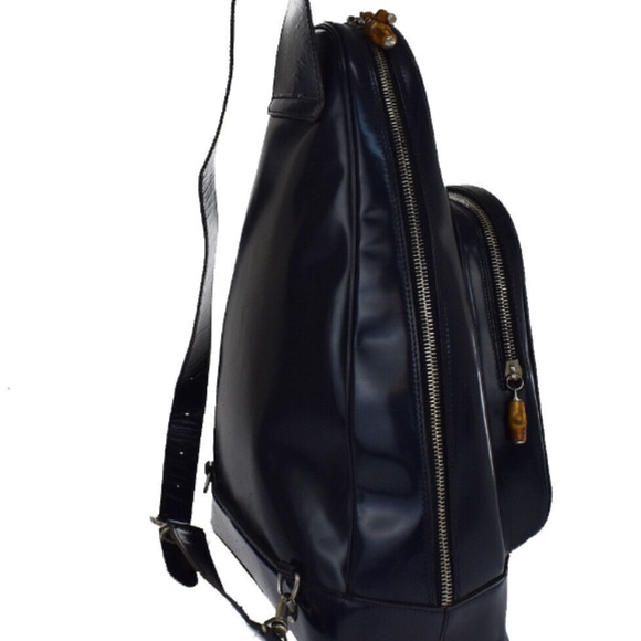 GUCCI Logo Bamboo Shoulder Bag/Backpack Navy Blue Leather Made In Italy - Picture 4 of 9